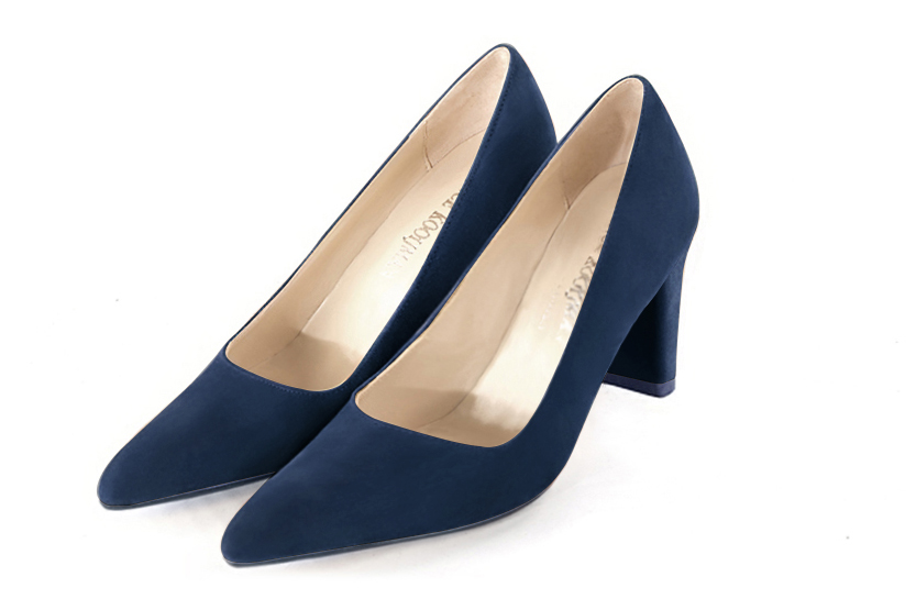 Navy blue women's dress pumps,with a square neckline. Tapered toe. High slim heel. Front view - Florence KOOIJMAN